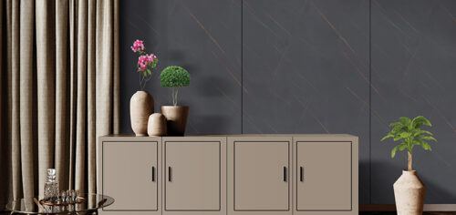 Gray,Interior,With,Dresser,And,Decor.,3d,Render,Illustration,Mockup.