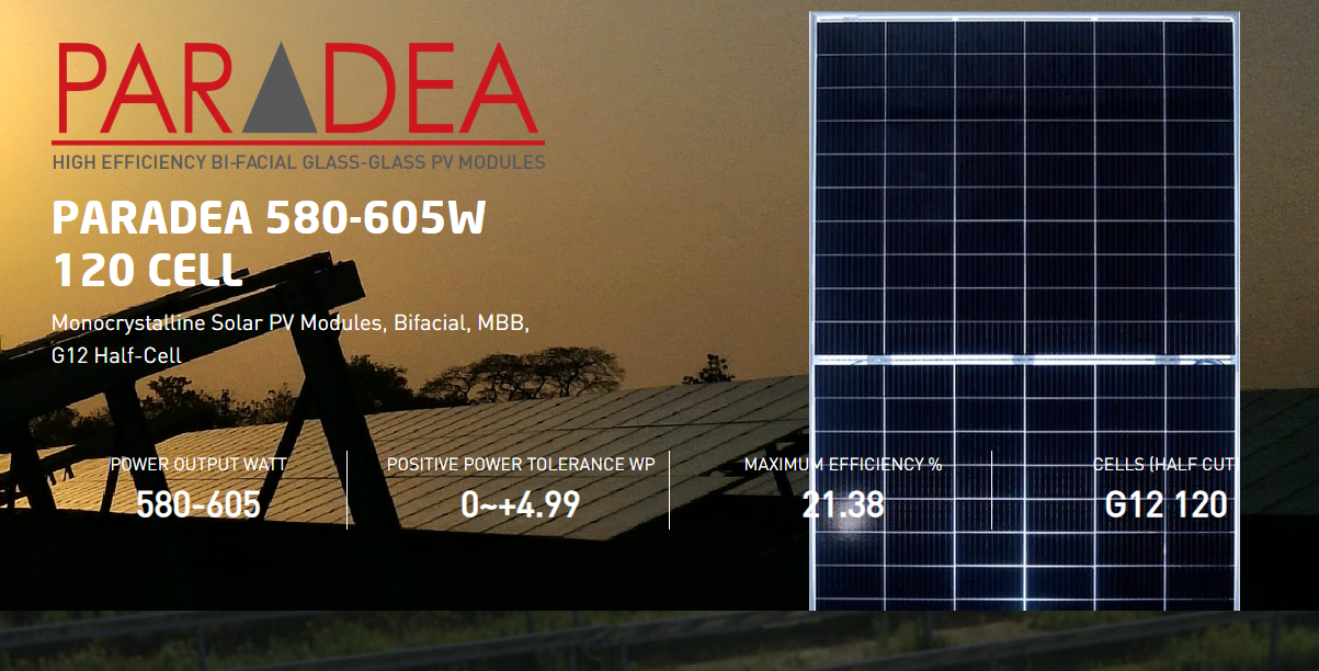 Paradea 580-605W 120 cell Monocrystalline Solar PV Modules, Bifacial ...