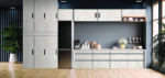 Modern style kitchen interior design with dark blue wall.