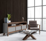 Dark,Living,Room,Interior,With,Panoramic,Window,,Comfortable,Brown,Armchair,