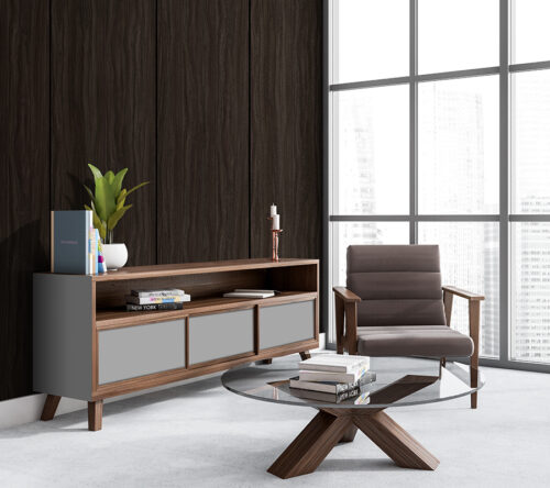 Dark,Living,Room,Interior,With,Panoramic,Window,,Comfortable,Brown,Armchair,