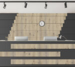 Empty,Office,,Wooden,Reception,Interior,At,White,Wall,,4,Clocks