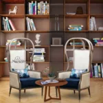 teak-wood-frame-distress-finish-suede-upholstery-blue-and-beige-background